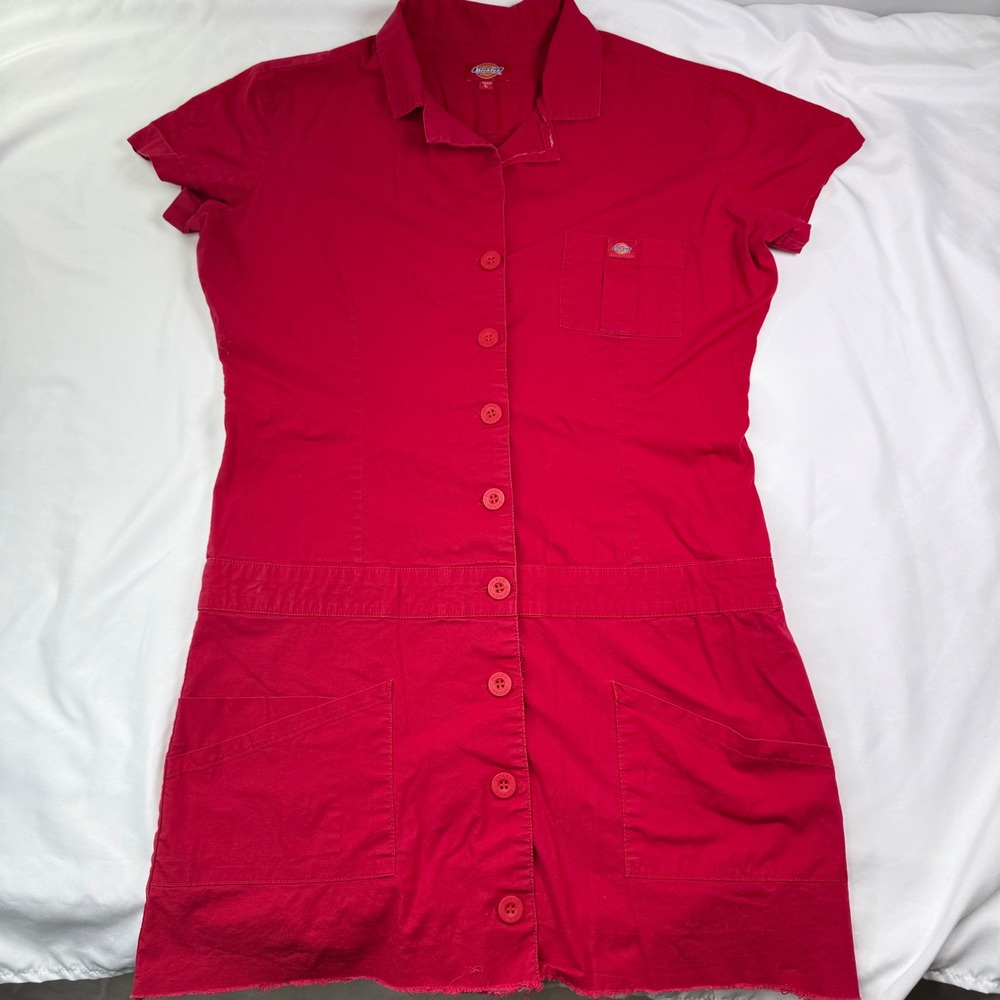 Dickies Girl Red Short Sleeve Button Up Utility Dress Workwear PL603 Size L